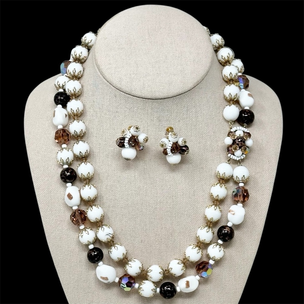 Vendome Vintage Glass 2 Row Beaded Necklace Clip On Earring Set